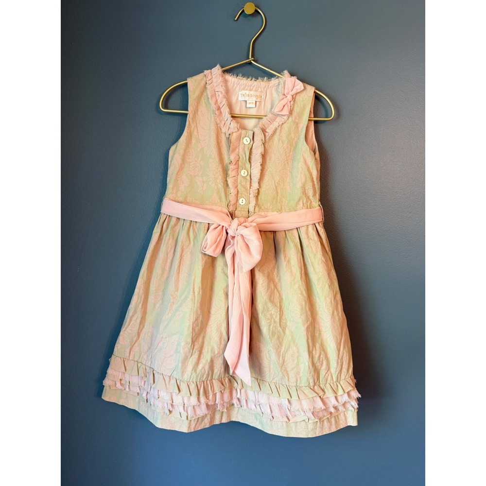 Trish Scully Child Girls Tan Pink Damask Floral Ruffle Party Dress Size 6